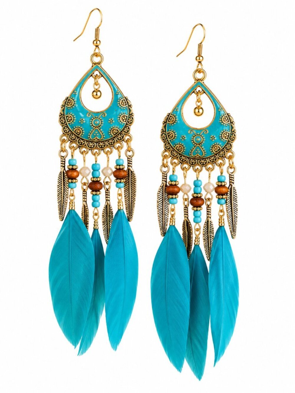 🆕 Boho Gold Tone Long Dark Turquoise Feather Dangle Earrings Statement NWOT
